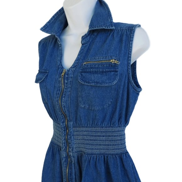 Vintage Denim Dress Full Zipper Smocked Waist Chest Flap Pockets Cotton India M - Picture 2 of 7